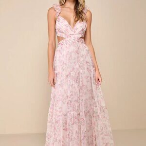 Lulus Ethereal Love Blush Floral Pleated Tiered Tie-Back Maxi Dress